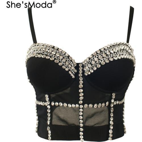 ShesModa Mesh Jewel Diamond Chain Breath Push Up 2015 New Bralet Womens Bustier Bra Cropped Top Vest Plus Size