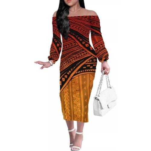 2021 Long Sleeve Slash Neck Hawaii Floral Sexy Long Dress Autumn Winter Women Polynesian Tribal Party Elegant Streetwear Outfi
