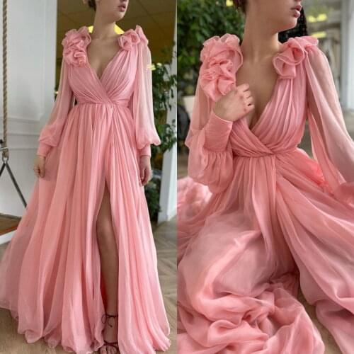 Pink Long Sleeve Prom Dresess with High Split Deep V Neck Women Party Gowns A Line Customize Robe De Soirée
