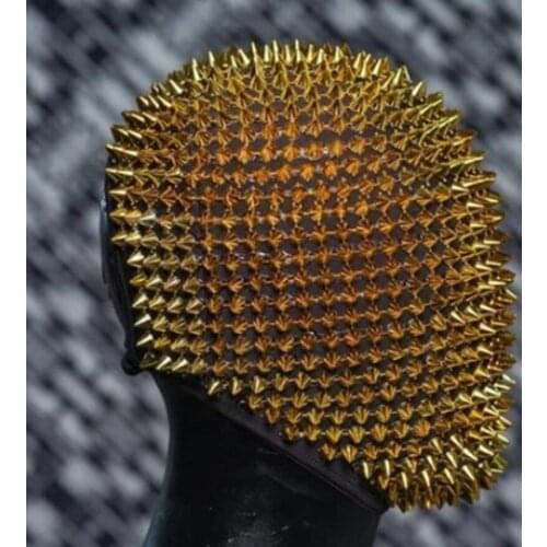 Golden Full Mask Bar Performance Party Cosplay Helmet Nightclub Rivet Headgear Silver Latex Mask