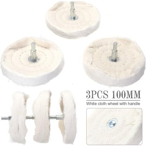 3pcs White Car Auto Cotton Cloth Polishing Wheel Sanding Discs 4" 100mm With Rod For Metal Cleaning Parts Tool Parts