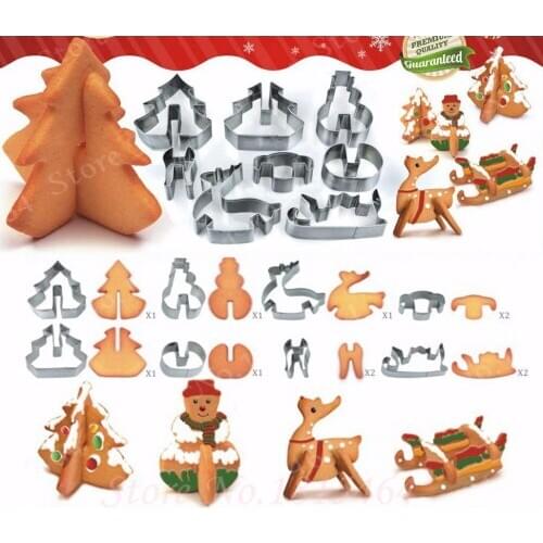 8pcs/set 3D Xmas Cookie Cutters Stainless Steel Christmas Elements Decoration Metal Mold Fondant Pastry Baking Tools