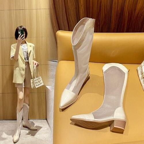 Hollow Breathable High-Heeled Thigh Boot Women 's Summer New Thin Chunky Heel Back Zipper High-Top Mesh Sandal Boots