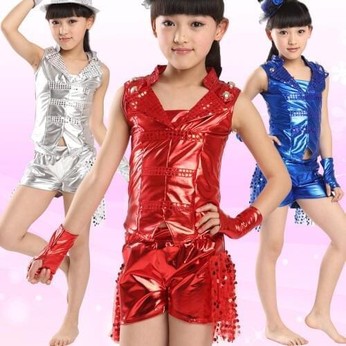 Childrens Day Jazz Dancewear Girls Performance Costumes Fashion Hiphop Street Dance Modern Dancing Top+Shorts Sliver,Red,Blue