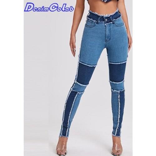 DenimColab Fashion Patchwork High Waist Jeans Pants Women Splicing Elastic Pencil Pants Ladies Casual Contrast Stretch Jeans