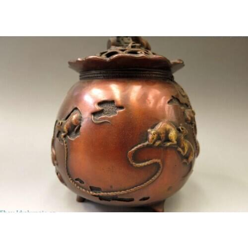 China bronze censer carved fine red copper many mouse rat Incense Burner Statue