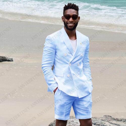 ANNIEBRITNEY Double Breasted Suit Summer Costume Mariage Homme Linen Sky Blue Beige Suit Set Casual Suit with Short Pants 2Pcs