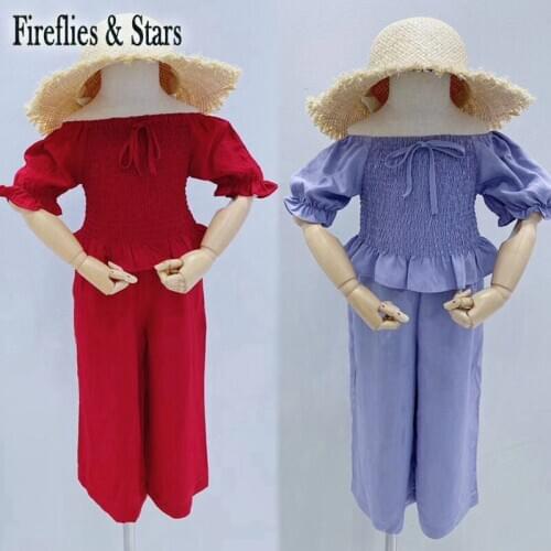 Summer girls 2 pcs set baby blouse + wide leg pants kids suit children activewear set pleated ruched shoulderless 3 to 8 yrs