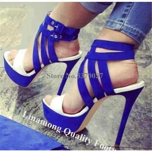 Linamong Elegant Open Toe Blue White Patchwork High Platform Stiletto Heel Gladiator Sandals Straps Cross High Heel Sandals Heel