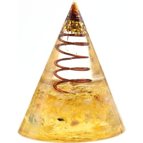 Copper Wire Wrap Cone Shape Yellow Citrines Crystal and Resin Pyramid Pendant Garnet Stone Orgone Jewelry
