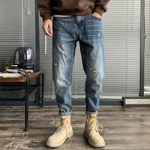 2021 Men Spring Summer New Streetwear Holes Jeans Mens Fashion Loose Straight Pants Ladies Long Stretch Denim Trousers W513