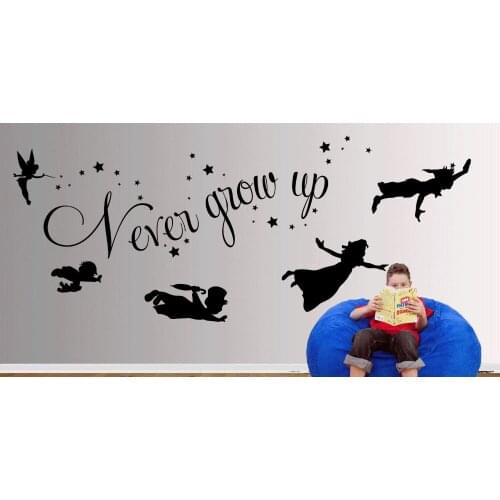 Never grow up Quote Wall Stickers For Kids Rooms Nontoxic PVC Art Nursery Wall Decals Mural Cute Fairy Poster Home Decor LA809