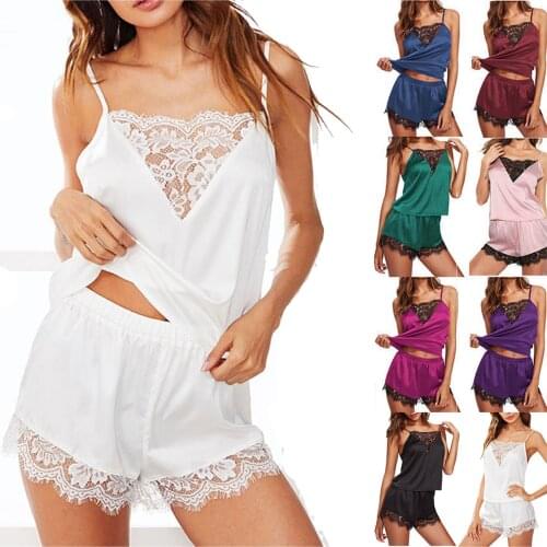 New Two Pieces Pajamas Set Women Satin Sexy Lingerie Mesh Lace Lingerie Sets Sleeveless Top and Shorts Underwear pijama mujer