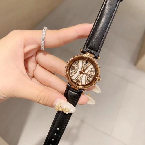 New Arrival Women Fashion Dress Watches Sparkly Full Crystals Wrist watch Quartz Waterproof Real Leather Watch Abstract H Face