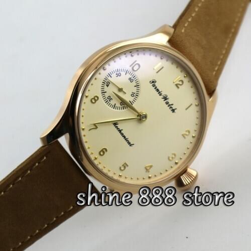 Parnis light yellow dial golden case 6497 movement hand winding mens watch
