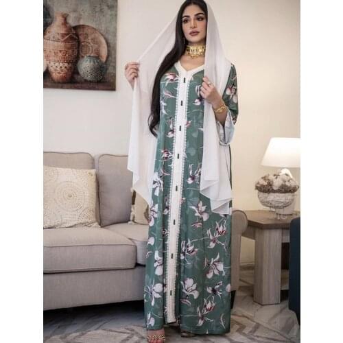 Women Dubai Ethnic Dress Jalabiya Floral Print Muslim Fashion Arabic Robe Abaya Islamic Clothes Party Eid Ramadan Morocco Caftan