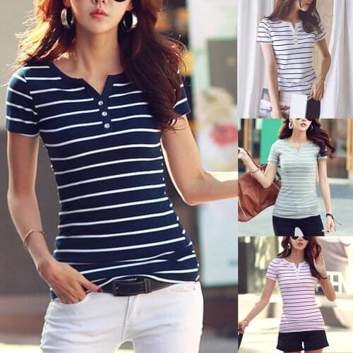 Striped T Shirt Women Summer Short Sleeve V Neck T-Shirts Casual Slim Basic Tops Tee TShirts Plus Size S-5XL femme t-shirts