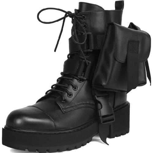 Pocket Boots Women Platform Punk Style Chunky Shoes Belt Buckle Martin Boots Cross Lace Leather Motorcycle Boots With Bag Design
