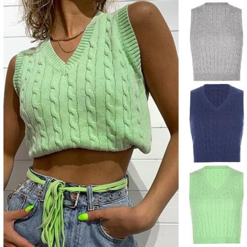 Women British Sleeveless Sweater Vest V-Neck Rhombus Plaid Knitted Cropped Tank Top Basic Preppy Style Slim Knitwear