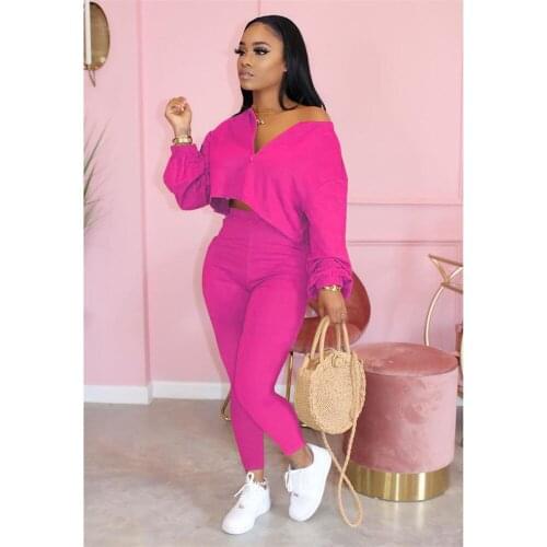 Casual Two Piece Set Tracksuit Women Zipper V-neck Long Sleeve Crop Top + Pants Sweat Suits Stretchy 2 Piece Outfits Sportswear