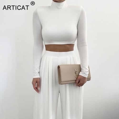 Articat O-neck Pullover Two Piece Sets Women Solid Short Top Loose Pants Women Spring Casual Patchwork Long Sleeve Street Sets