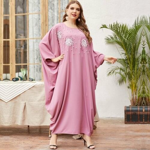 Large Size Loose Pink Bead Embroidery Bat Sleeve Robe Womens Dress Dubai Muslim Eid Al-fitr Ramadan Worship Service Clothing