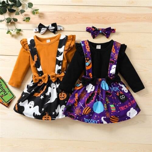3Pcs Toddler Halloween Outfits Long Sleeves T-Shirt + Cartoon Ghost Suspenders Skirt + Headband for Girls 6 Months to 4 Years