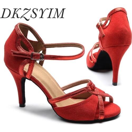 DKZSYIM Professional Latin Dance Shoes Women/ Ladies/ Girls Ballroom Tango High-Heeled Indoor Suede PU Red Salsa Dance Shoes