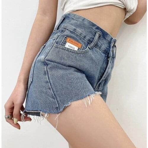 New Summer High Waist Thin Letter Pasted Cloth Wide Leg Pants with Rough Edge Loose Casual Jeans Shorts Women DLZK228