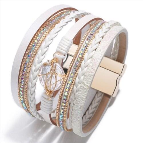 Light Yellow Gold Color Wire Wrap Irregular Shape Shell Multi Layer Handmade Weave Leather Bracelet Fashion Jewelry