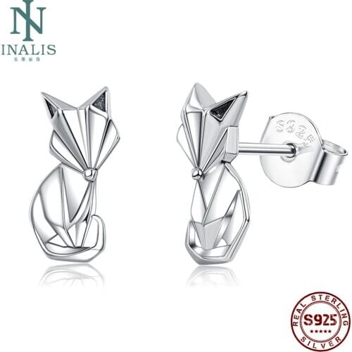 INALIS Genuine 925 Sterling Silver Vintage Geometric Fox Animal Stud Earrings For Women White Earring Fine Jewelry Hot Sale