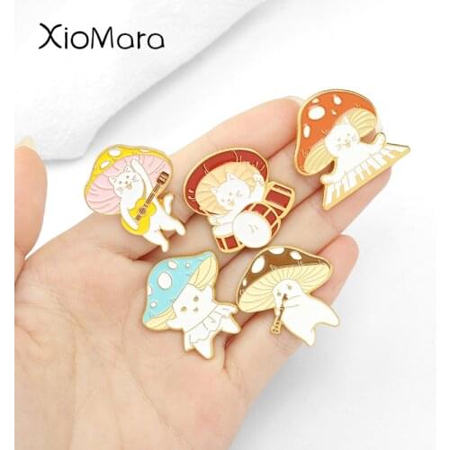 Love you so MUSH ! 7 Styles Mushroom Cutie Band Enamel Pins Singing Cat Lapel Badges Brooches for Music Lover Women Jewelry