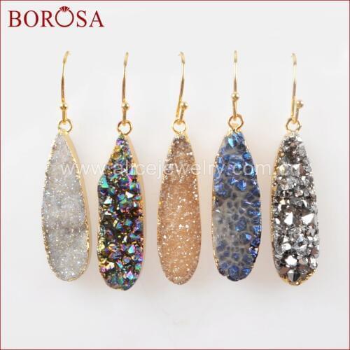 BOROSA Fashion Teardrop Gold Color Druzy Crystal Titanium Drusy Drop Earring Rainbow/Blue/AB/Champagne Earrings G1070