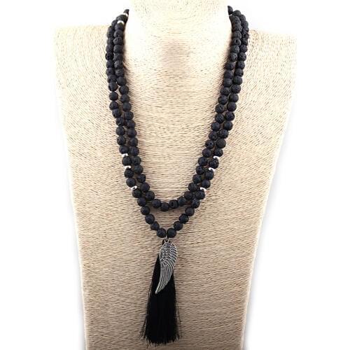 MOODPC Free Shipping Bohemian Jewelry Beautiful Black Lave Stone Angel Wing Tassel Necklace