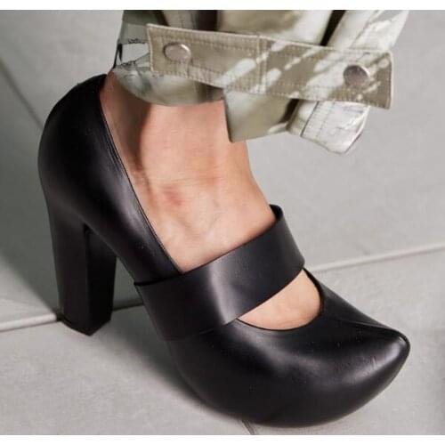 New Fashion Woman Black White Nude Slip On Thick Heels Platform Pumps Ladys Genuine Leather Chunky Heels Punk Style Shoes