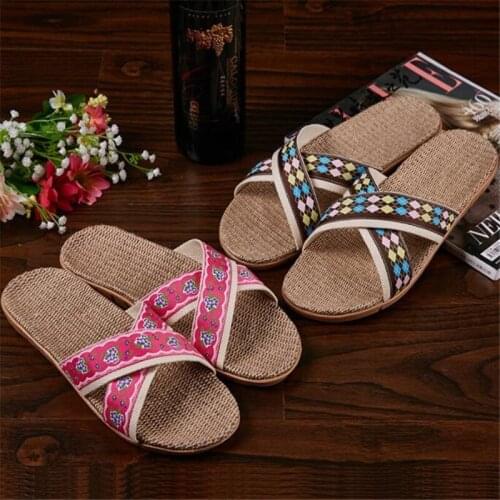 Wholesale Womens Flax Slippers Ladies/Male Home Shoes Indoor Bathroom Flip Flops Female/Male Linen Slides Woman Stripes Sandals