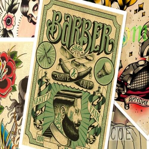 Retro Hairdresser Tattoos Patterned kraft Paper Poster Barber Shop Decor Barber Tools Shave Hair Salon Wall Stickers 30X42 CM H