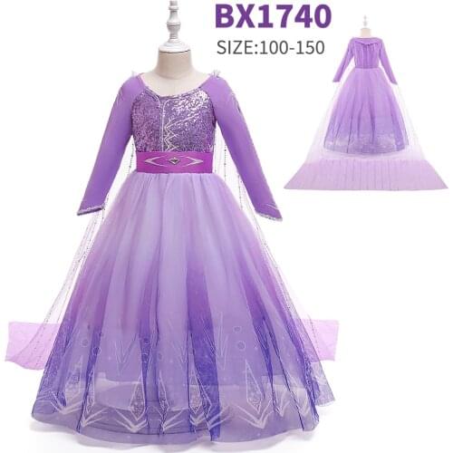 Fancy Purple Long Gown Kids Dresses for Girls Long Sleeves Halloween Princess Costume Wedding Ceremony Flower Girls Dress up