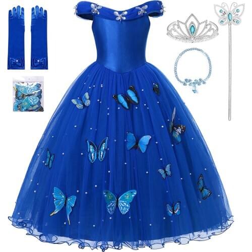 Cendrillon Princess Girls Dress Fairy Tales Deluxe Cosplay Costume Cenderella Blue Gown Kids Party Halloween Birthday Clothes