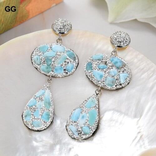 GuaiGuai Jewelry Natural Blue Larimar Nugget CZ Paved Crystal Dangle Stud Earrings Silver CZ Geometric Earrings For Women