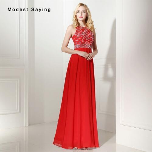 Sexy Red A-Line Beaded Evening Dresses 2017 with Rhinestone Formal Engagement Long Party Prom Gown vestido longo de festa 0643