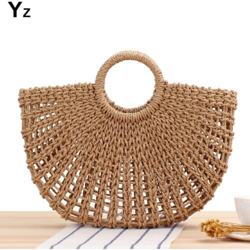 2021 New Straw Bag Women Hand-Woven Hollow Handbag Moon Shape Rattan Bag Big Capacity Drawstring Handbag Casual Travel Beach Bag