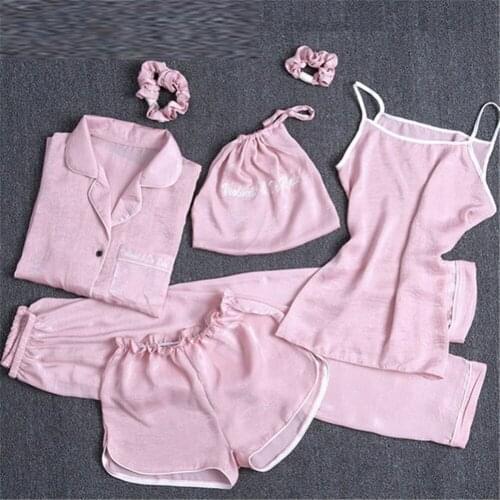 Women Satin Silk Pajamas Sets 7 pieces sets cute kawaii korea style sleeping cloth light color turn down collar ouc1663