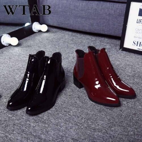 WTAB 2018 NEW Ankle boots women Patent Leather Square heel shoes plush Pointed Toe pu winter boots botas mujer Basic shoes women