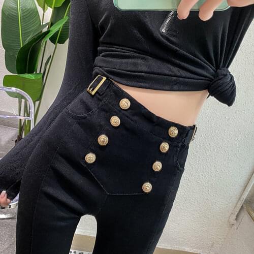 Women Pants Womens Spring/Summer 2021 Pairs Of High Waist Button Magic Black Pencil Pants Pantalones De Mujer