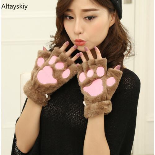 Gloves Women Soft Plush Kawaii Cat Claw Bear Paw Half-fingered Plus Velvet 2020 New Cute Warm Sweet Girls Students Winter Chic