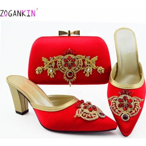 2019 Red Color Super High Heels Nigerian Shoes with Matching Bags Set Shoe and Bag Set for Party In Women with Shinning Crystal