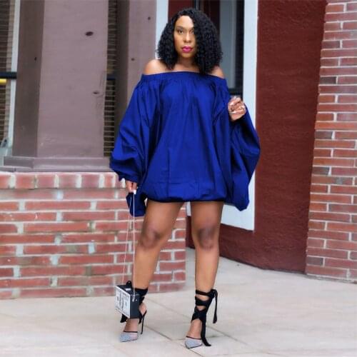 Women Solid Long Lantern Sleeve Loose Dress Fashion Slash Neck Off The Shoulder Short Dresses Chic Female Backless Party Dress