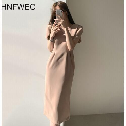 2020 Summer New Minimalism Short Sleeve Women Khaki Dress Women Elegant Long Robe Korea V-neck Pleating Slim Dresses T149