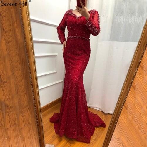 Long Sleeve Wine Red Pearls Mermaid Evening Dresses 2021 Fashion Luxury Evening Gown Real Photo Dubai BLA6428